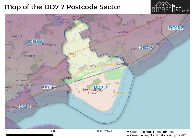 Map of the DD7 7 and surrounding postcode sector