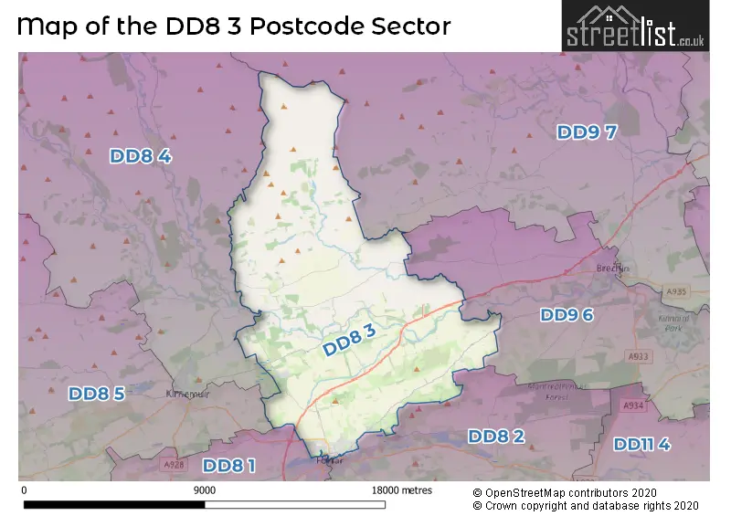 Map of the DD8 3 and surrounding postcode sector