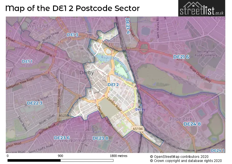 Map of the DE1 2 and surrounding postcode sector