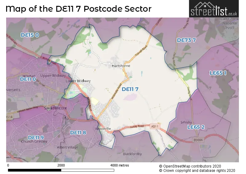 Map of the DE11 7 and surrounding postcode sector