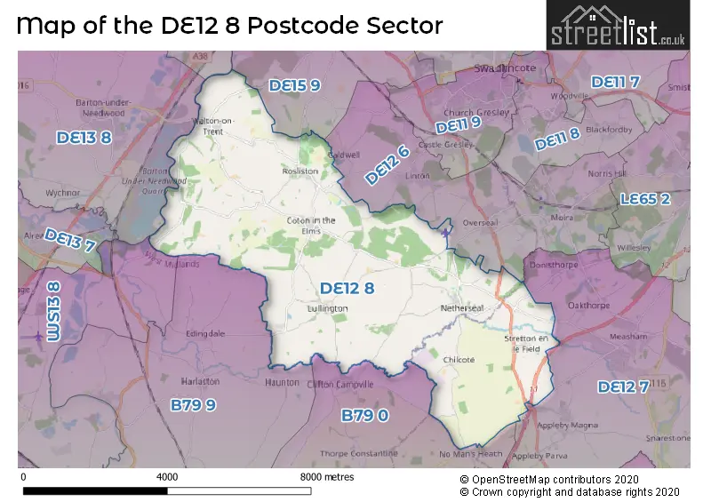 Map of the DE12 8 and surrounding postcode sector