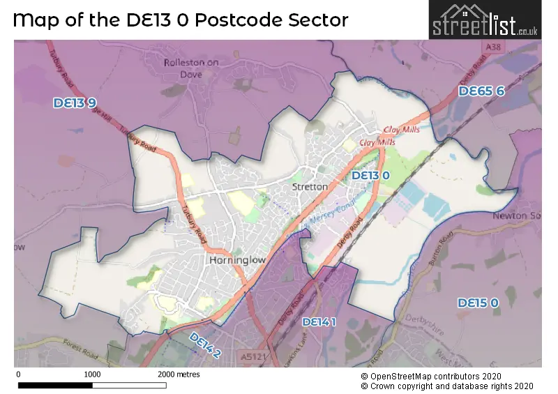 Map of the DE13 0 and surrounding postcode sector