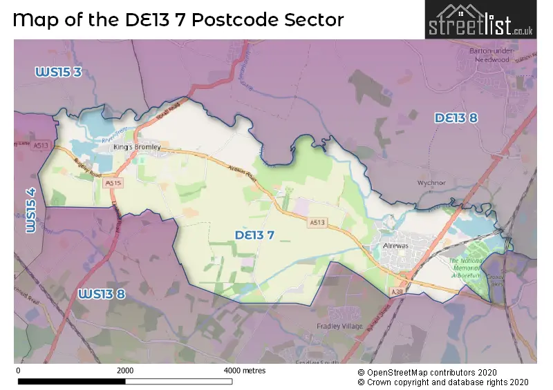 Map of the DE13 7 and surrounding postcode sector