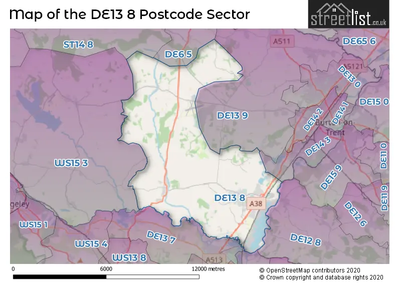 Map of the DE13 8 and surrounding postcode sector
