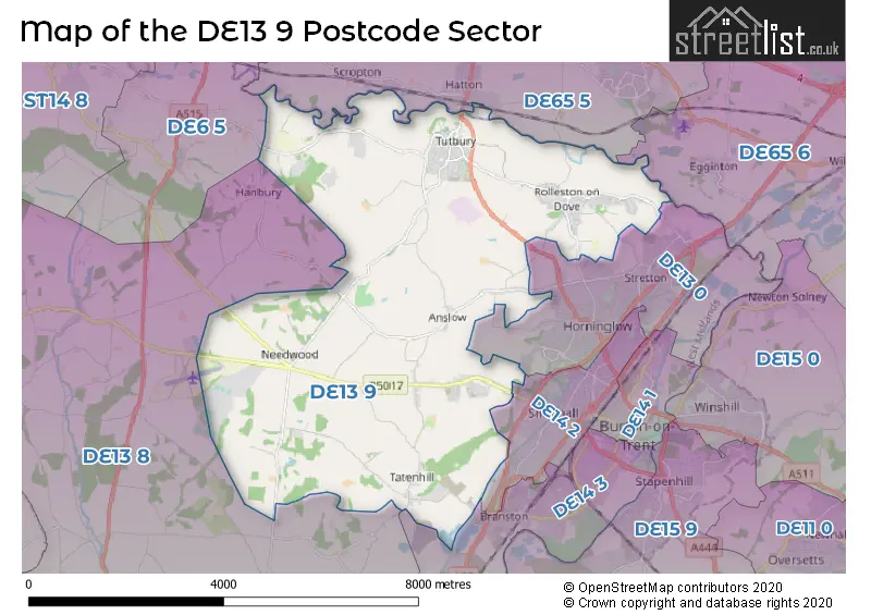 Map of the DE13 9 and surrounding postcode sector