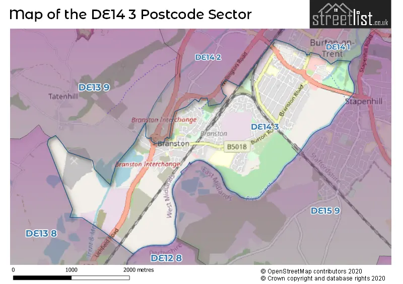 Map of the DE14 3 and surrounding postcode sector