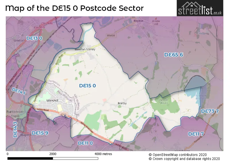 Map of the DE15 0 and surrounding postcode sector