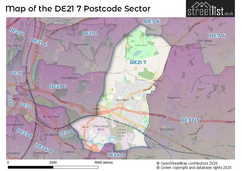 Map of the DE21 7 and surrounding postcode sector