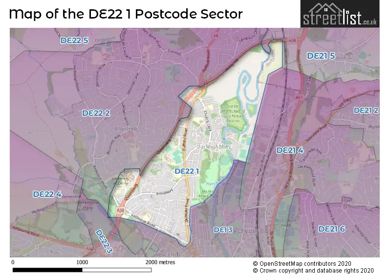 Map of the DE22 1 and surrounding postcode sector