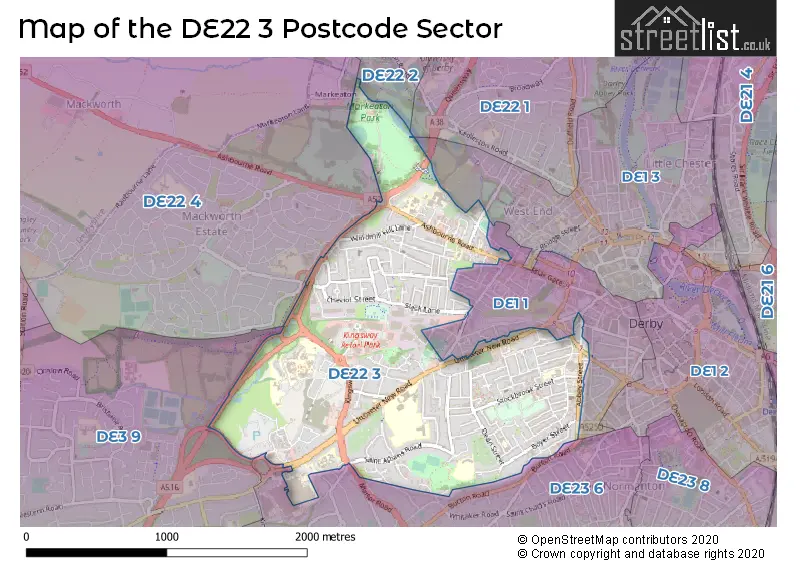 Map of the DE22 3 and surrounding postcode sector
