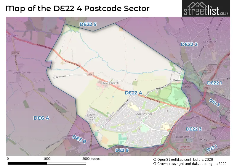Map of the DE22 4 and surrounding postcode sector