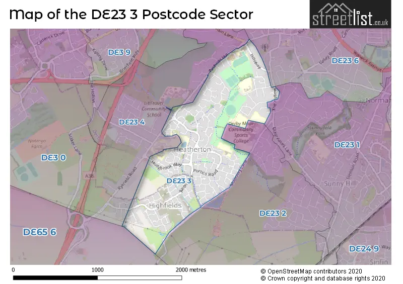 Map of the DE23 3 and surrounding postcode sector