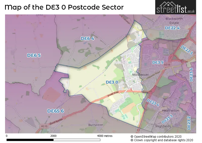 Map of the DE3 0 and surrounding postcode sector