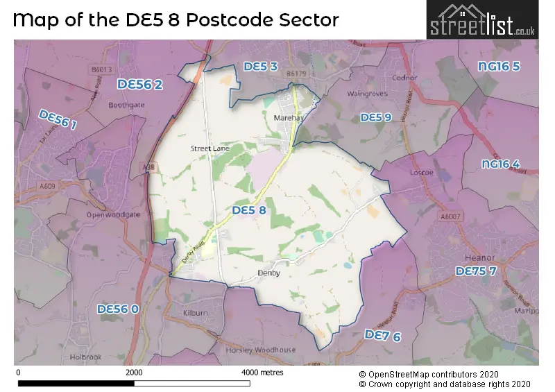 Map of the DE5 8 and surrounding postcode sector