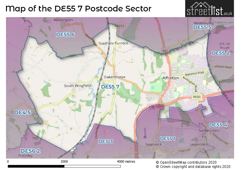 Map of the DE55 7 and surrounding postcode sector