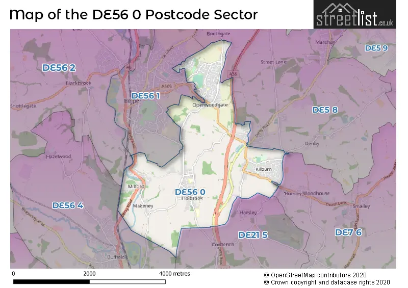 Map of the DE56 0 and surrounding postcode sector
