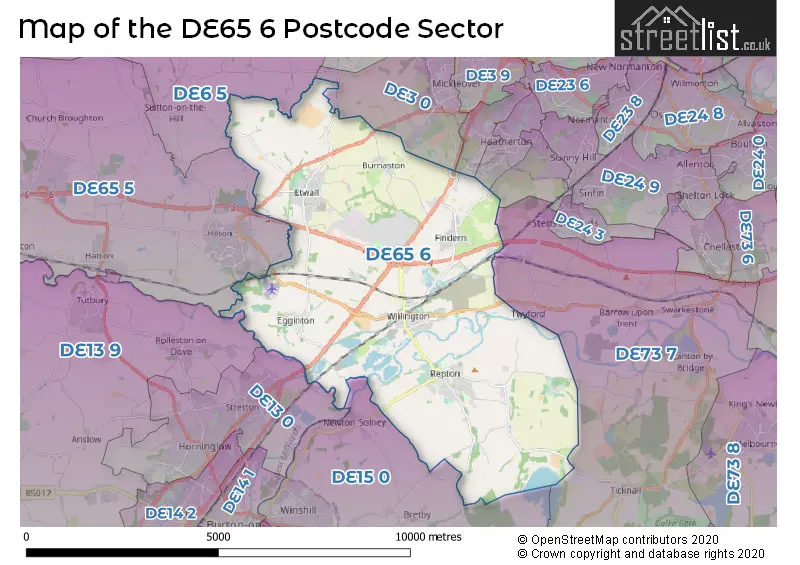 Map of the DE65 6 and surrounding postcode sector