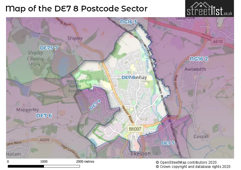 Map of the DE7 8 and surrounding postcode sector