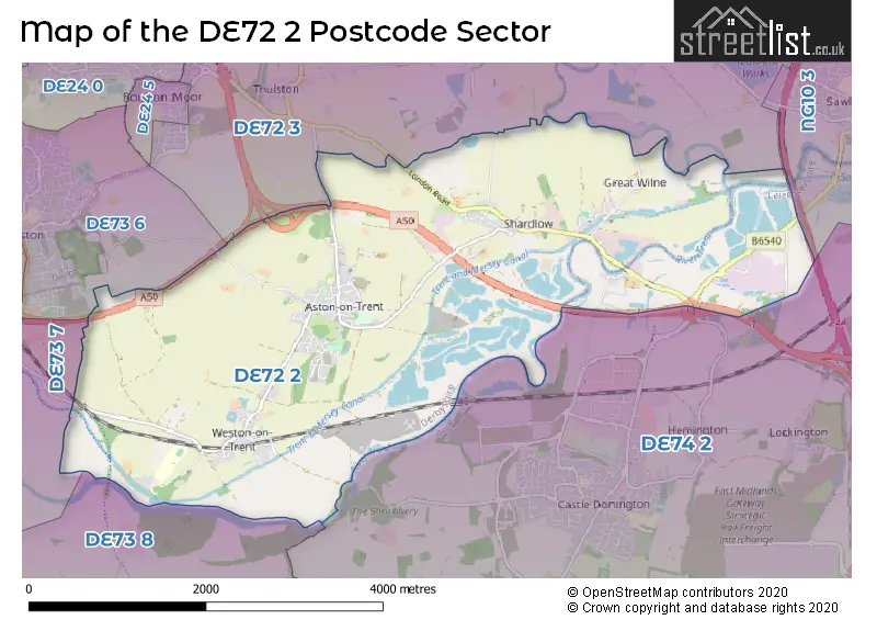 Map of the DE72 2 and surrounding postcode sector