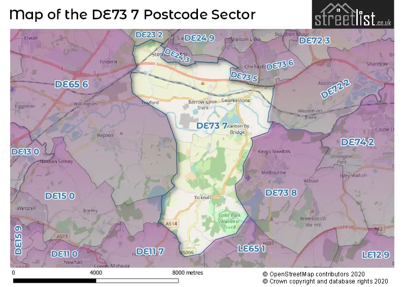 Map of the DE73 7 and surrounding postcode sector
