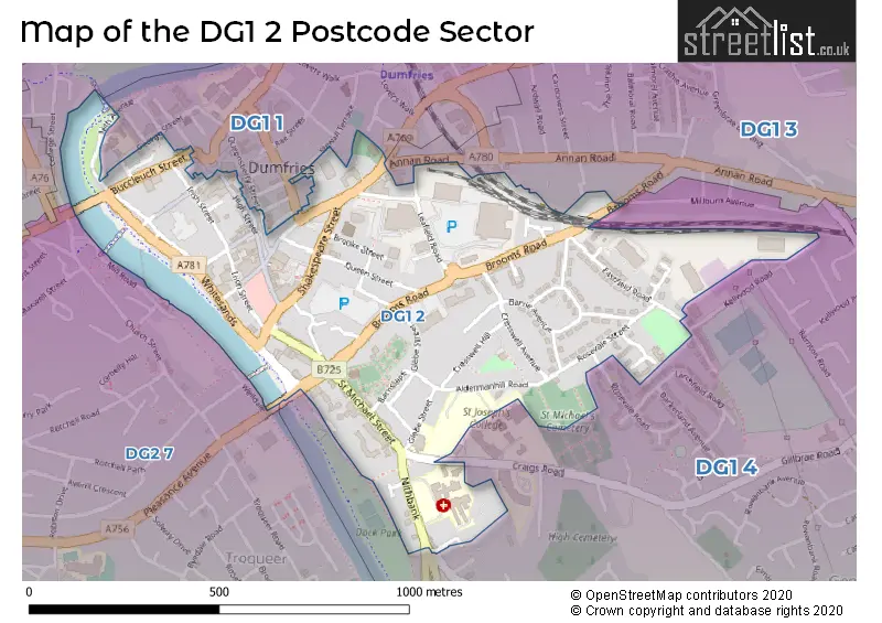 Map of the DG1 2 and surrounding postcode sector