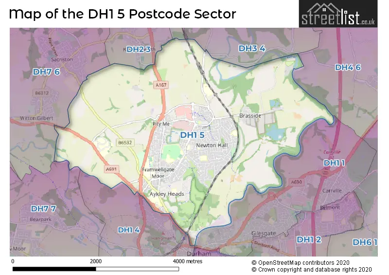 Map of the DH1 5 and surrounding postcode sector
