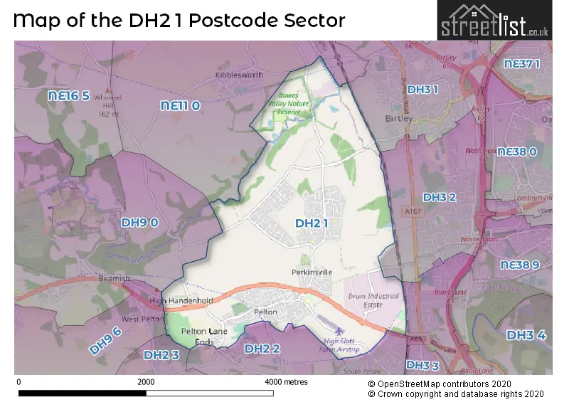 Map of the DH2 1 and surrounding postcode sector
