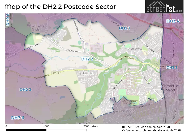 Map of the DH2 2 and surrounding postcode sector