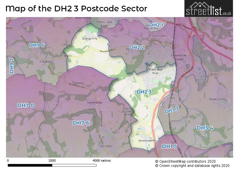 Map of the DH2 3 and surrounding postcode sector