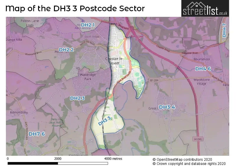Map of the DH3 3 and surrounding postcode sector