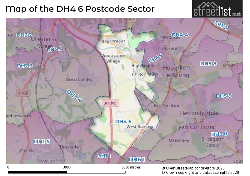 Map of the DH4 6 and surrounding postcode sector