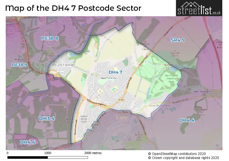 Map of the DH4 7 and surrounding postcode sector