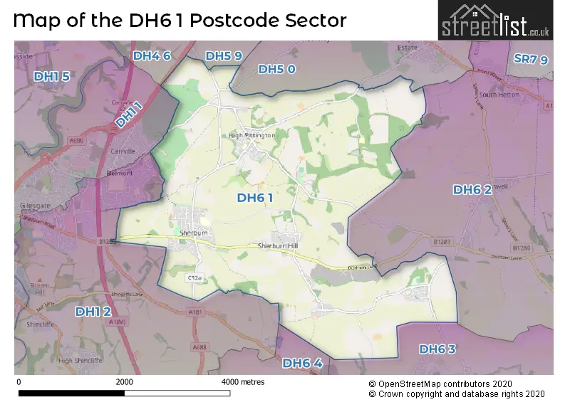 Map of the DH6 1 and surrounding postcode sector