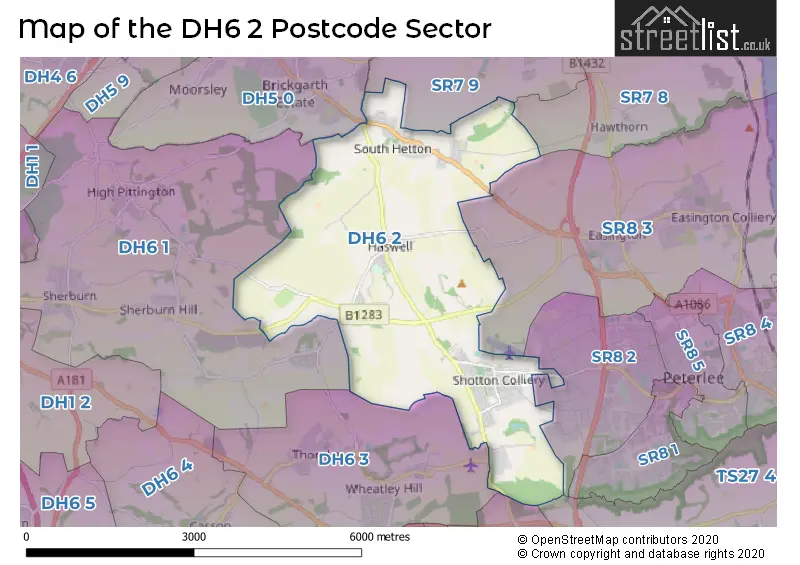 Map of the DH6 2 and surrounding postcode sector