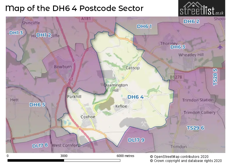 Map of the DH6 4 and surrounding postcode sector