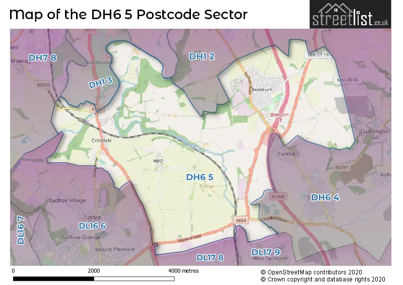 Map of the DH6 5 and surrounding postcode sector