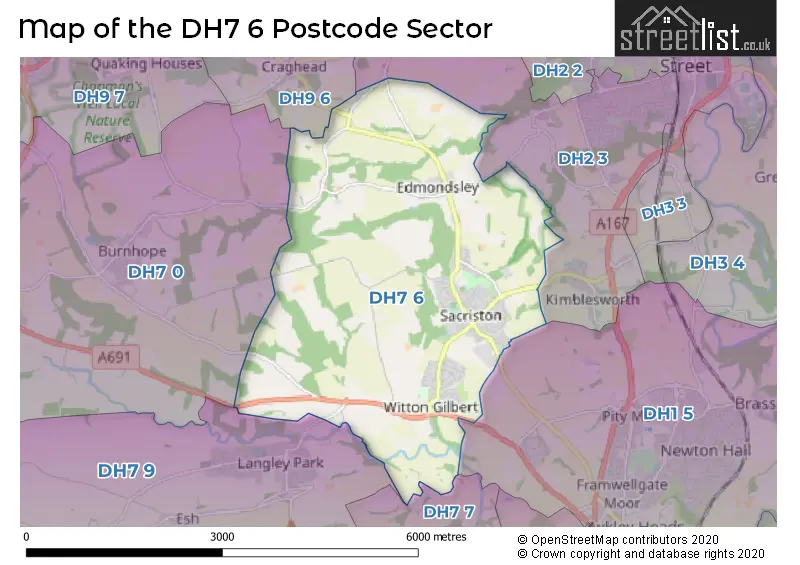 Map of the DH7 6 and surrounding postcode sector