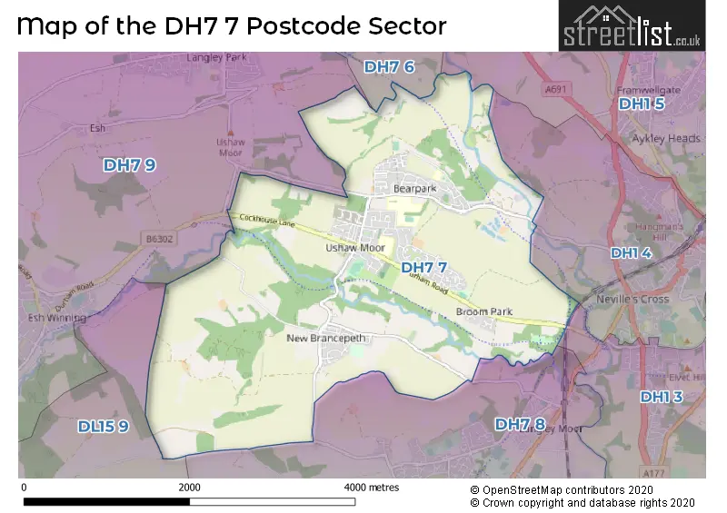 Map of the DH7 7 and surrounding postcode sector