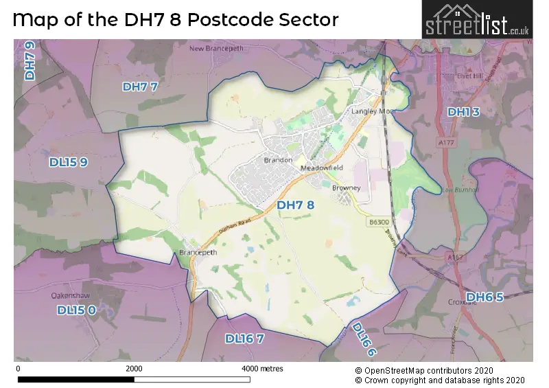 Map of the DH7 8 and surrounding postcode sector