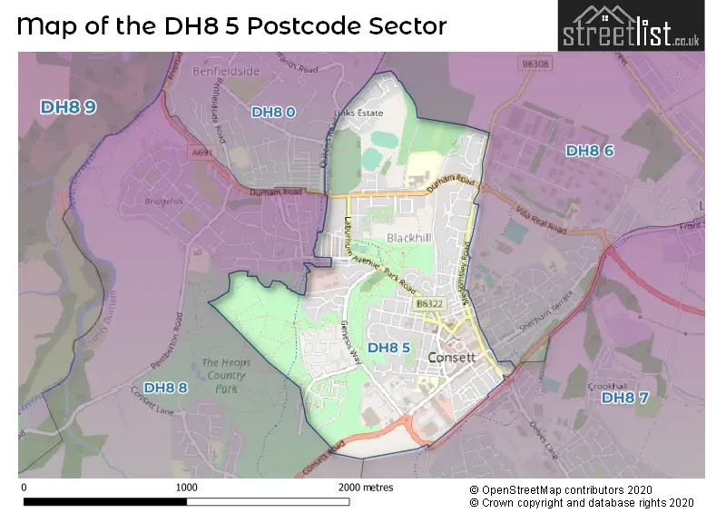 Map of the DH8 5 and surrounding postcode sector
