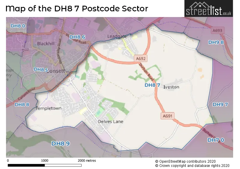 Map of the DH8 7 and surrounding postcode sector