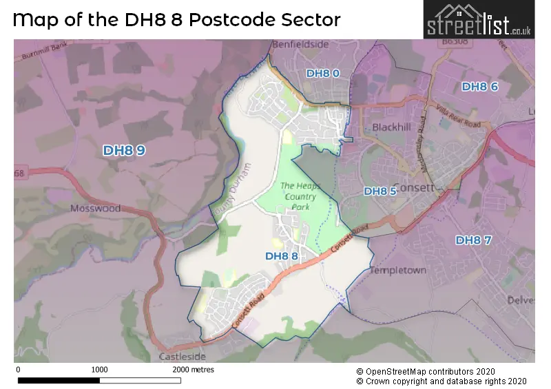 Map of the DH8 8 and surrounding postcode sector