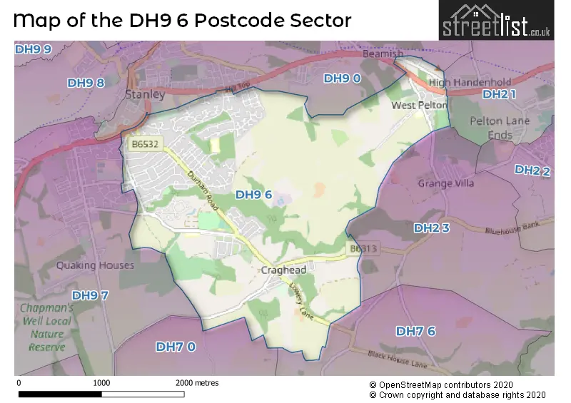 Map of the DH9 6 and surrounding postcode sector