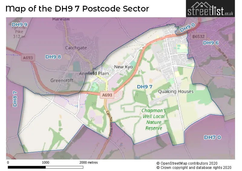 Map of the DH9 7 and surrounding postcode sector