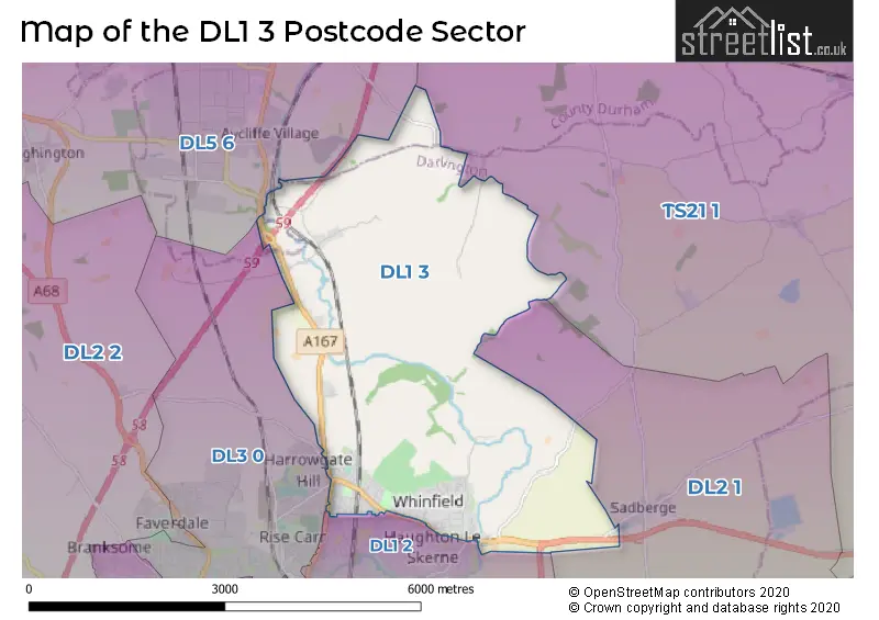 Map of the DL1 3 and surrounding postcode sector
