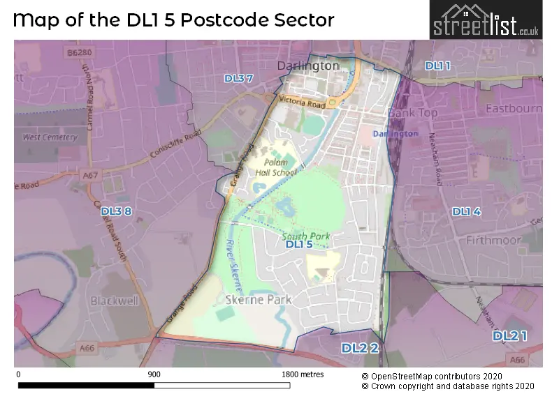 Map of the DL1 5 and surrounding postcode sector