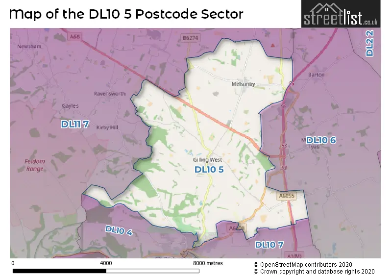 Map of the DL10 5 and surrounding postcode sector