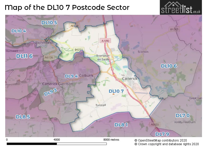 Map of the DL10 7 and surrounding postcode sector