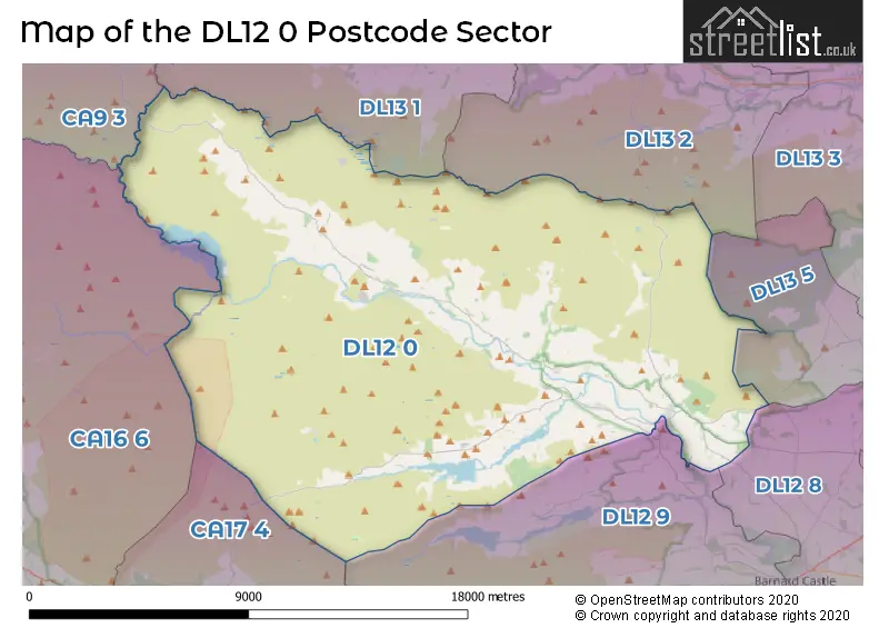 Map of the DL12 0 and surrounding postcode sector