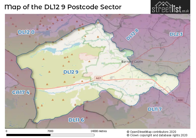 Map of the DL12 9 and surrounding postcode sector